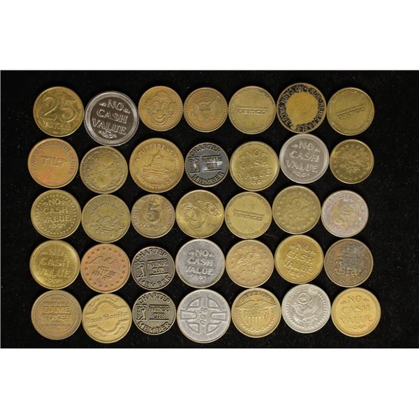 35 ASSORTED TOKENS: ARCADE, CHARTER MEMBERS, TILT
