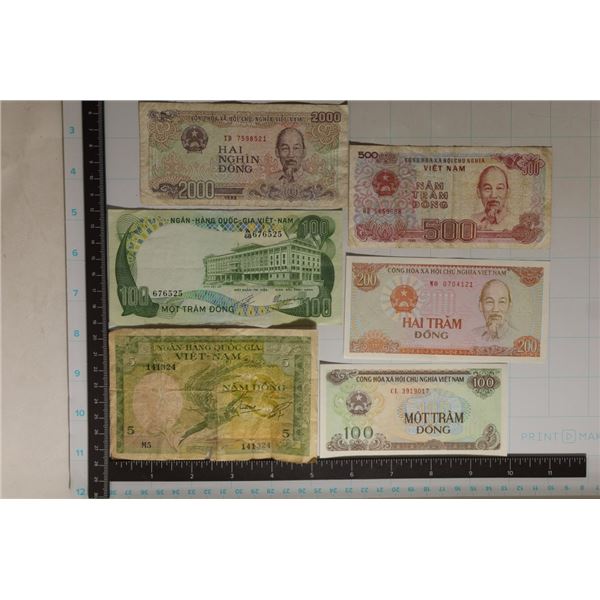 6 ASSORTED VIETNAM BILLS: 5 DONG WITH TAPE, 1991