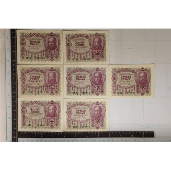 7-CRISP 1922 AUSTRIAN 20 KRONEN BILLS