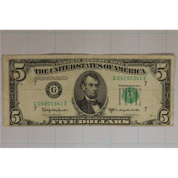 1950-D US $5 FRN WITH MINOR MISCUT BOTTOM EDGE