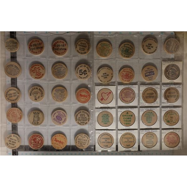 40 ASSORTED WOODEN NICKELS: BEER CHIP, CLUB