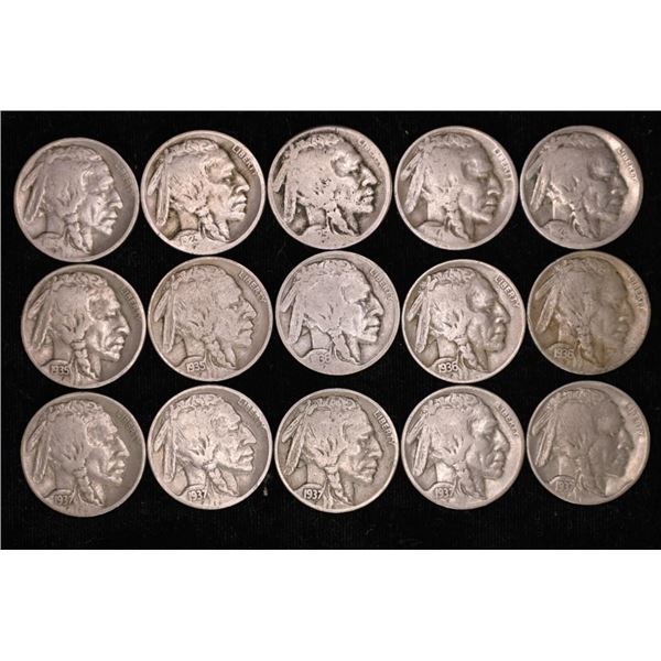15 ASSORTED BUFFALO NICKELS: 1919, 1923, 1925-S,