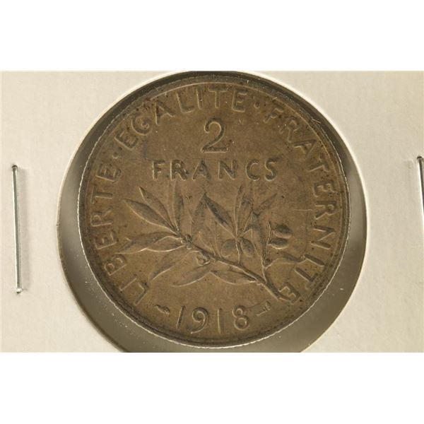 1918 FRANCE SILVER 2 FRANCS .2685 OZ. ASW