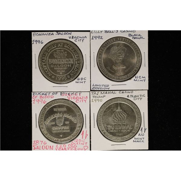 4-$1 METAL CASINO CHIPS: TRUMP TAJ MAHAL, LILLY