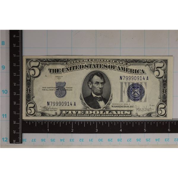 1934-C CRISP UNC US $5 SILVER CERTIFICATE BLUE