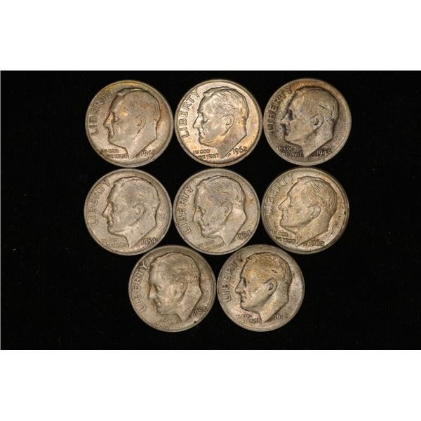 8-SILVER ROOSEVELT DIMES: 1948'S, 54'S & 62'S