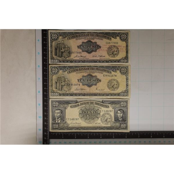 3-PHILIPPINES BILLS: 2-TEN PESOS AND 1-20 PESOS