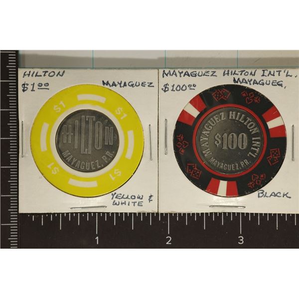 2-MAYAGUEZ HILTON BI-METAL POKER CHIPS: $100 & $1