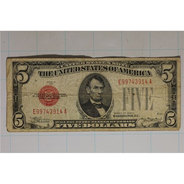 1928-C RED SEAL US $5 NOTE