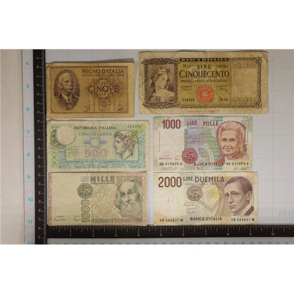 6-ITALIAN BILLS: 1-5 LIRE, 1-1947-500 LIRE, 1-500