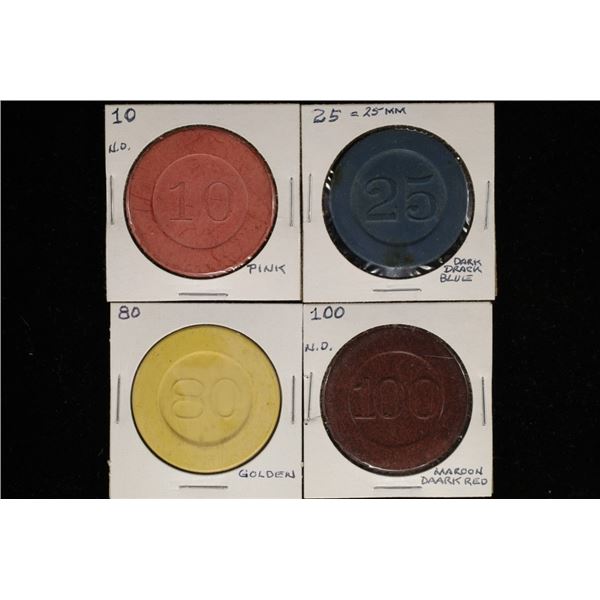 4 VINTAGE CLAY POKER OR CASINO CHIPS: 10, 25, 80