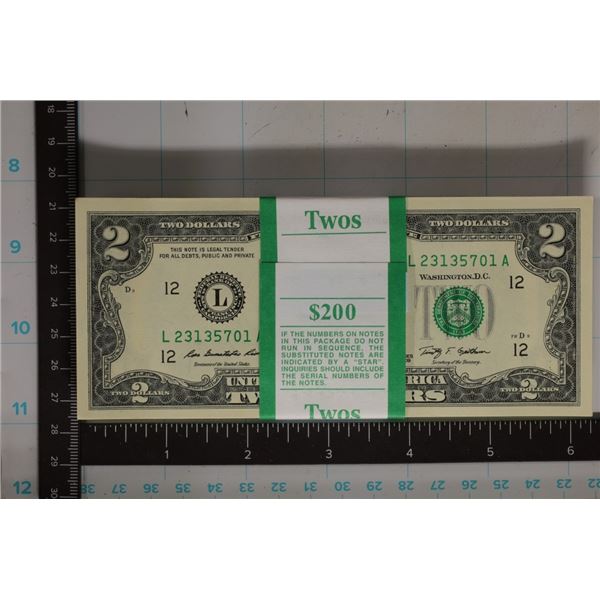 $200 BLOCK OF CU $2 BILLS WITH CONSECUTIVE SERIALS