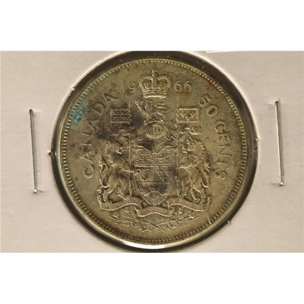 1966 CANADA SILVER 50 CENTS .3000 OZ. ASW TONED