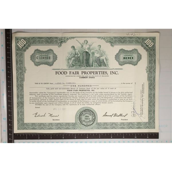 6-VINTAGE STOCK CERTIFICATES: FOOD FAIR, ACF