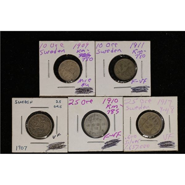 5 SILVER SWEDEN COINS: 1909 TEN ORE, 1911 TEN