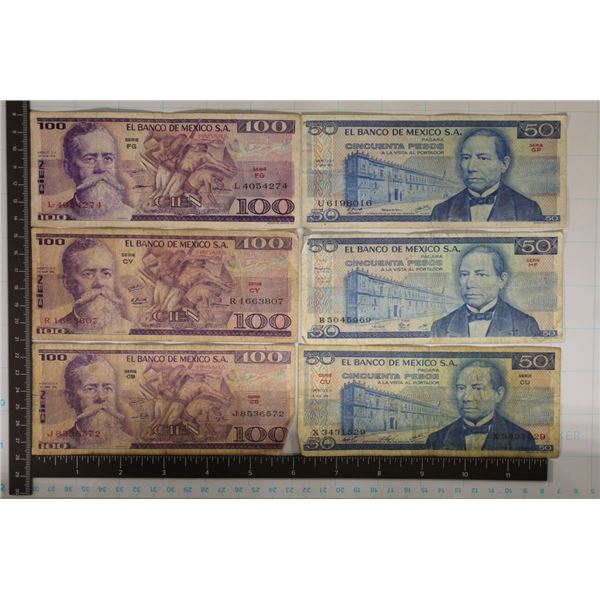 6-MEXICO BILLS: 3-1974-100 PESOS & 3-50 PESOS