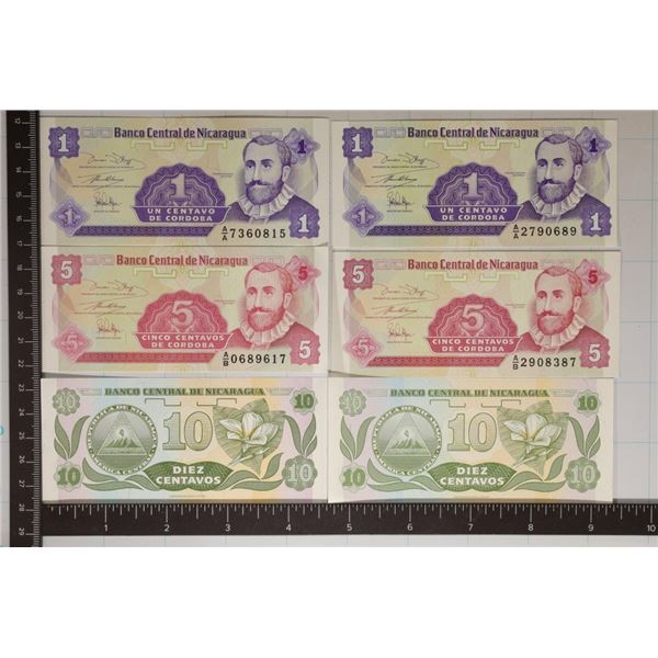 6-CRISP UNC NICARAGUA BILLS: 2-ONE CENTAVO,