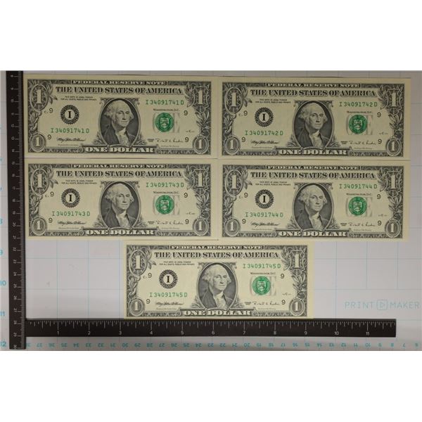 5-1995 CRISP UNC CONSECUTIVE SERIAL $1 FRN'S