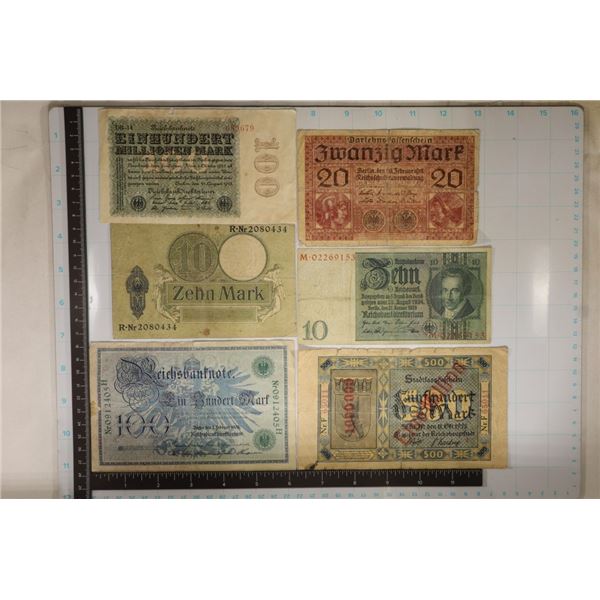 6 ASSORTED GERMAN BILLS: 2-10 MARK, 1-20 MARK,
