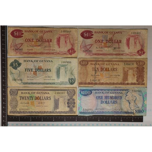 6-GUYANA BILLS: 2-$1, 1-$5, 1-$10, 1-$25 & 1-$100