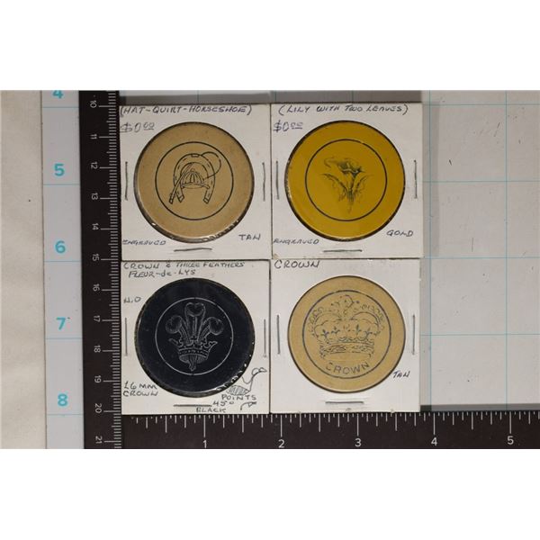 4 VINTAGE CLAY CASINO CHIPS: HORSEHSOE, FLOWER,
