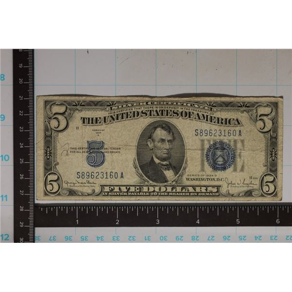 1934-D US $5 SILVER CERTIFICATE BLUE SEAL