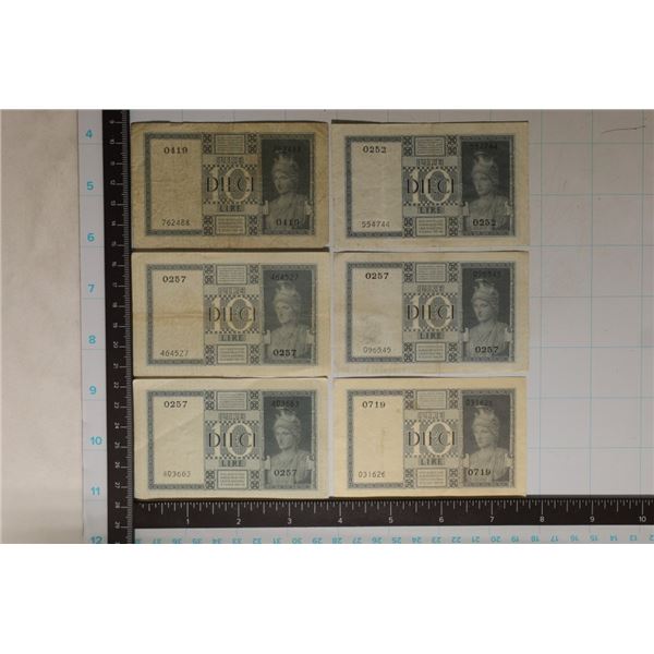 6-ITALIAN 10 LIRE BILLS: 3-AU AND 3 CIRCULATED