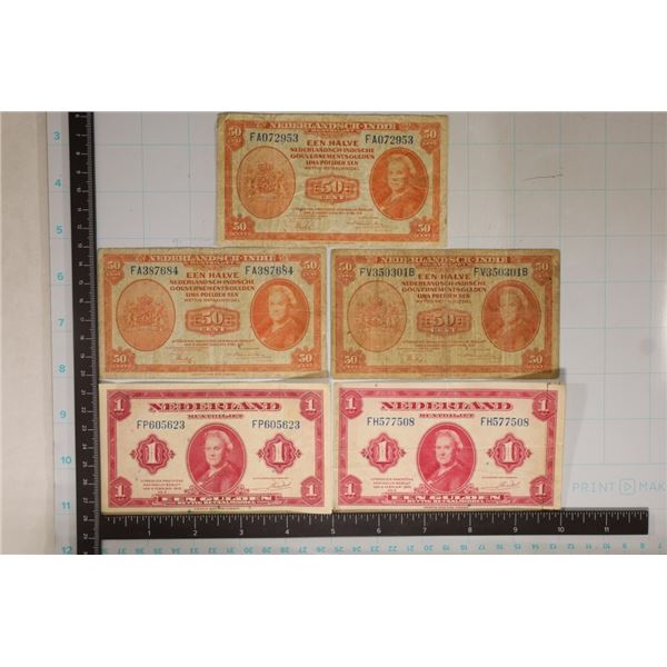 5-1943 NEDERLAND BILLS: 2-1GULDEN & 3-50 CENTS