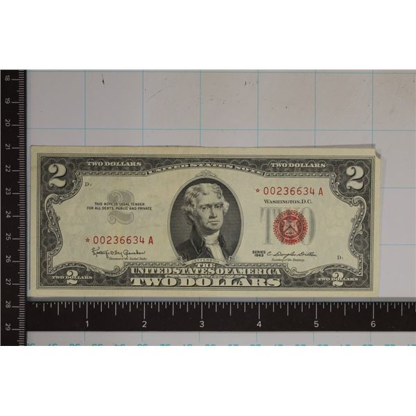1963 US STAR NOTE RED SEAL $2 BILL MISSING UPPER