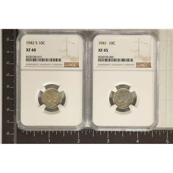 2 NGC SILVER MERCURY DIMES 1941 XF45 & 1942-S XF40