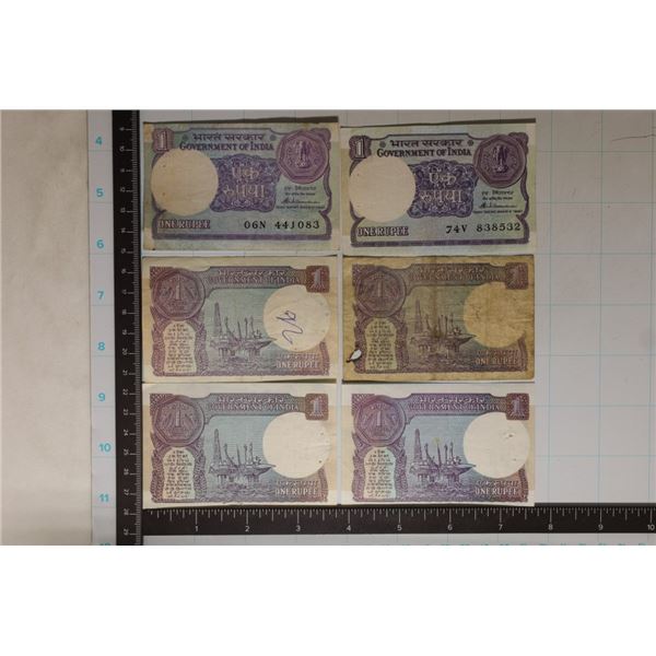 6-ONE RUPEE INDIA BILLS: STAPLE HOLES, BURN MARK,
