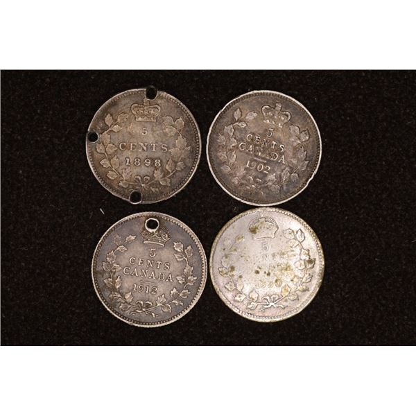 1898, 1902, 1910 & 1921 CANADA SILVER 5 CENT COINS