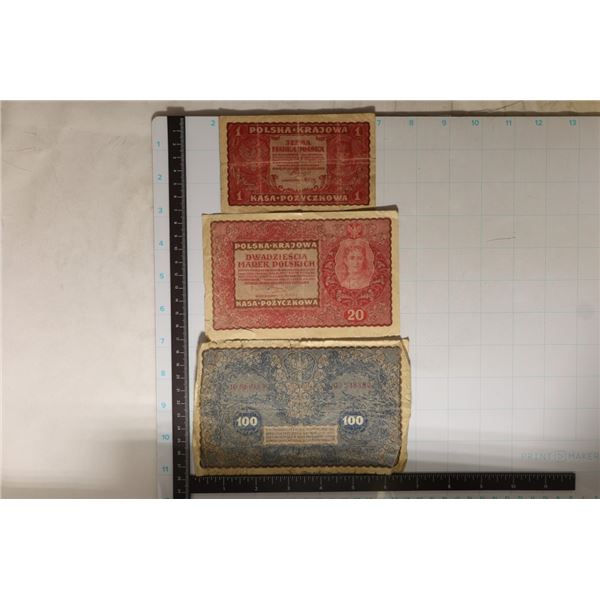 3-POLAND BILLS FROM 1919: 1 MARKA, 20 MAREK & 100
