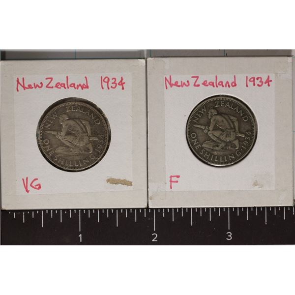 2-1934 NEW ZEALAND SILVER 1 SHILLING COINS .1816