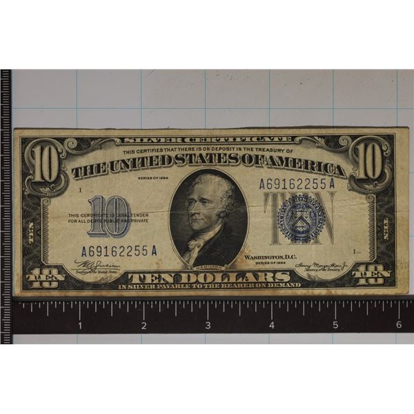 1934 US $10 SILVER CERTIFICATE BLUE SEAL