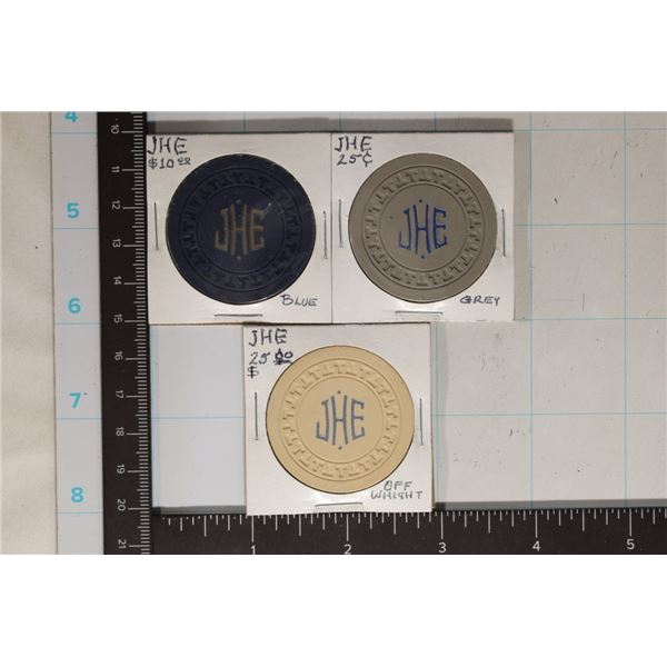 3 "JHE" COLORIZED ILLEGAL CASINO POKER CHIP. 25