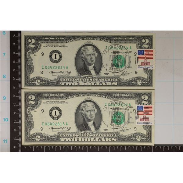 2-1976 CONSECUTIVE SERIAL US $2 BILLS WITH