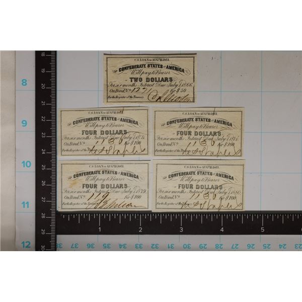 5-CONFEDERATE 1861 BOND COUPONS: $2 DUE 1866,