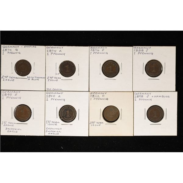 8-GERMAN 1 PFENNIG COINS: 1874-G, 74-A, 76-F, 88-J