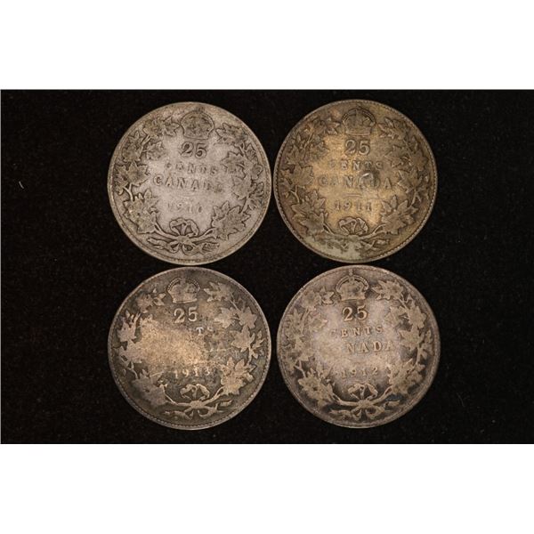 1910, 11, 12 & 1913 CANADA SILVER 25 CENT COINS