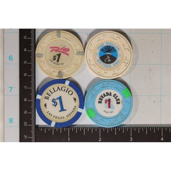 4-$1 PLASTIC CASINO GAMING CHIPS: NEVADA CLUB, RIO