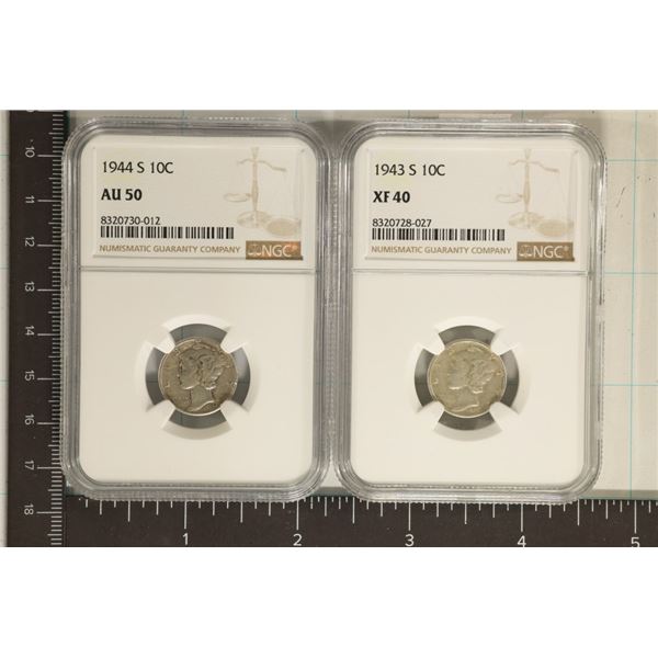 2 NGC SILVER MERCURY DIMES 1943-S XF40 AND 1944-S