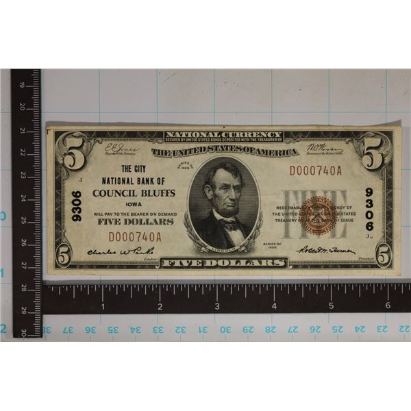 1929 TYPE 1 US $5 NATIONAL CURRENCY OF COUNCIL