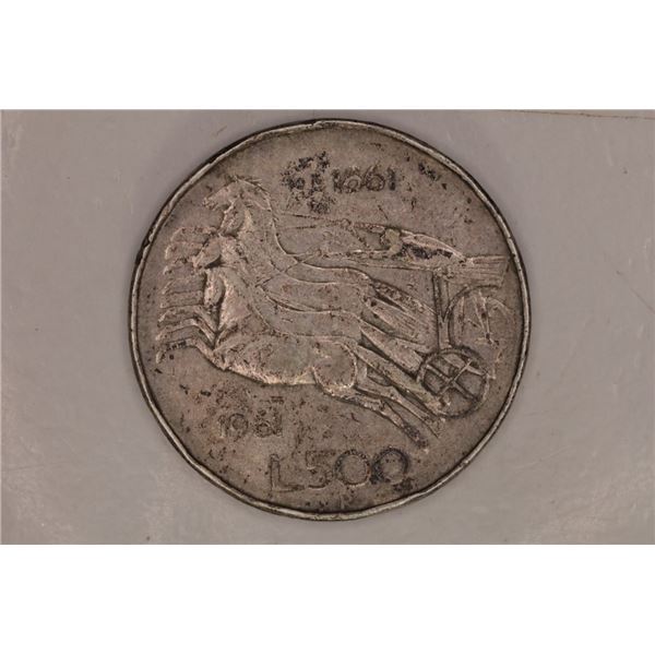 1961 ITALY SILVER 500 LIRE .2953 OZ. ASW