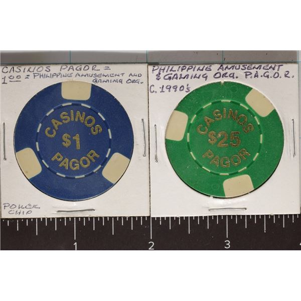 2 CASINO PAGOR PHILIPPINES CASINO CHIPS: $1 & $25