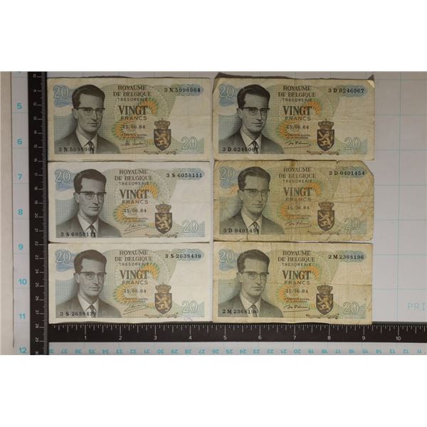 6-BELGIUM 20 FRANC BILLS: MINOR STAINS ON A FEW