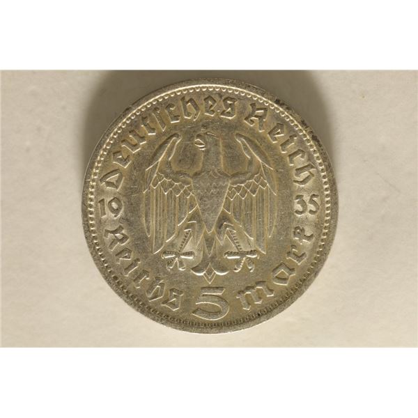 1935-F GERMAN SILVER 5 MARK .4016 OZ. ASW