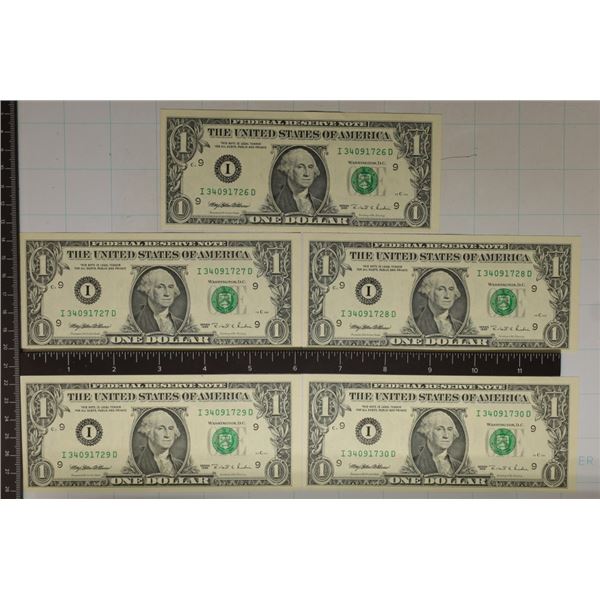 5-1995 US $1 FRN WITH CONSECUTIVE SERIAL NUMBERS