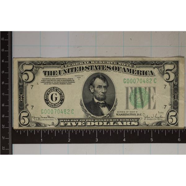 1934-D US $5 GREEN SEAL NOTE G00070482C XF