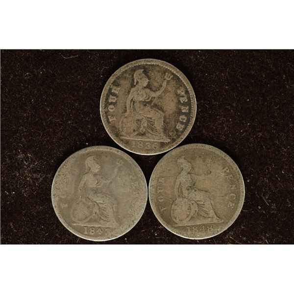 1836, 1843 & 1848 GREAT BRITIAN SILVER 4 PENCE